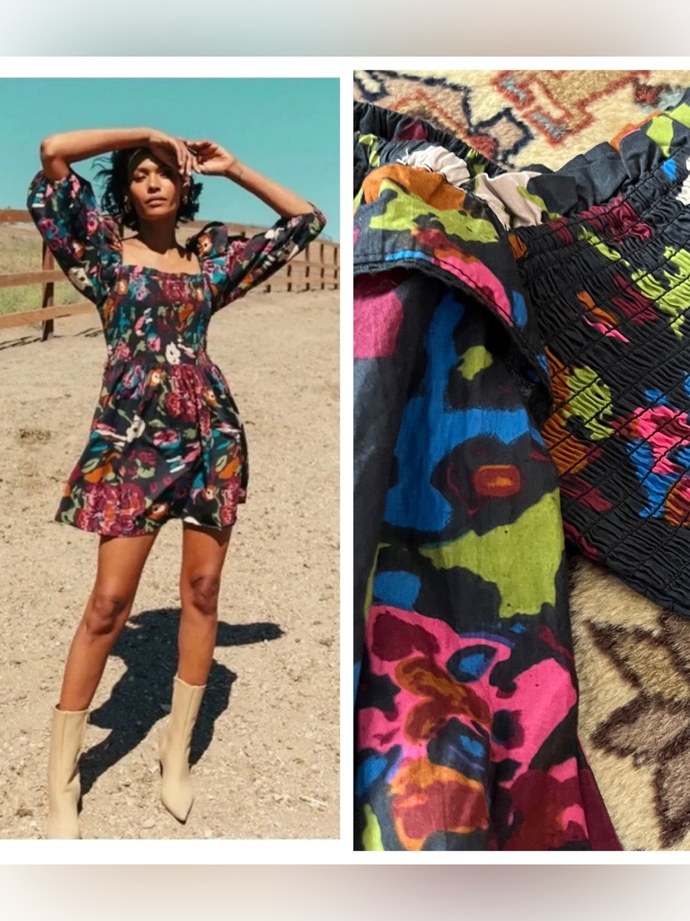 NWT Cleobella Kira Mini Dress black floral puff sleeve cotton XS